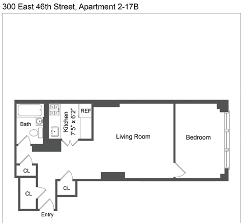 Floor plan for 1 bed, 1 bath, 563 sqft